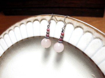 純銀設計耳環 玫瑰石+粉水晶+925銀(耳勾)/優雅輕粉/