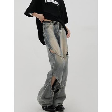 KENH復古水洗破洞闊腿牛仔褲女2024年新款時尚潮流設計感拖地褲夏