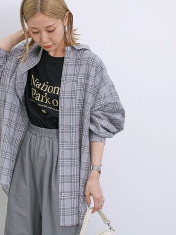 素色/格紋亞麻混紡翻領長版襯衫(FG43L0G0180) - Samansa Mos2 blue