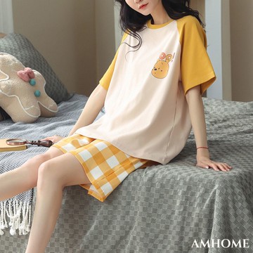 【Amhome】睡衣圓領甜美韓版純棉短袖短褲薄款睡衣家居服2件式套裝# 118640 (現貨+預購)