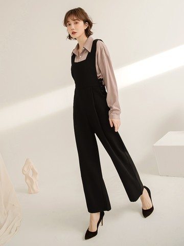 不易皺質感純色方領無袖連身褲