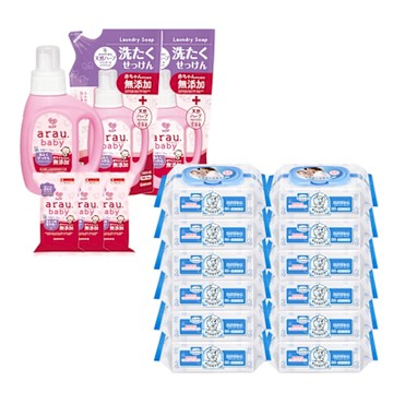 【Baan 貝恩】保養柔濕巾80抽12包+愛樂寶 寶貝 5星好評洗衣組(無添加洗衣液1罐2補+去漬皂*3)