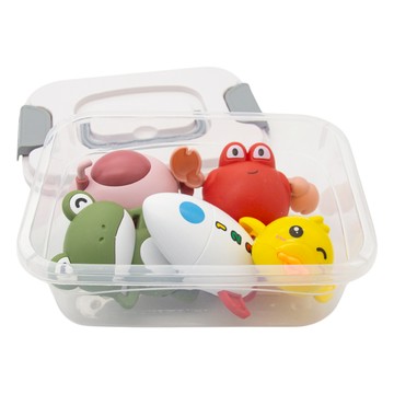OhBabyLaugh 洗澡發條戲水玩具 D組 5件組 (含收納盒)  黃色小鴨 + 綠色青蛙 + 粉色潛水艇 + 火箭 + 粉色螃蟹  1組