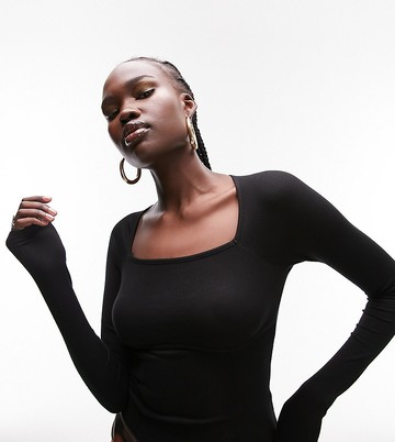Topshop Tall square neck long sleeve top in black
