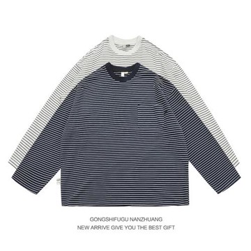 日系復古Cityboy潮牌男女寬松慵懶休閑條紋長袖T恤情侶純棉打底衫