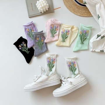 襪子 卷邊襪子女中筒襪薄款文藝花朵郁金香網眼日系ins可愛韓國堆堆襪『XY24175』