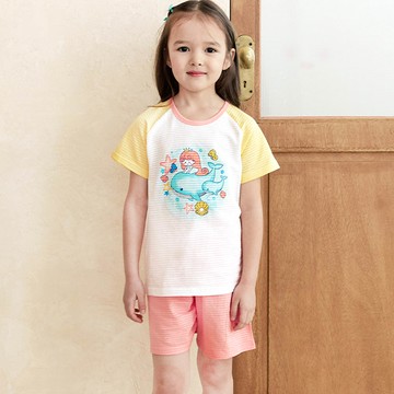 韓國 Maykids - 透氣條紋提花棉短袖家居服-公主X鯨魚-黃X粉橘