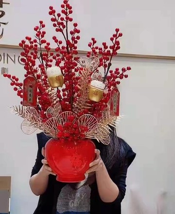 景德鎮插冬青銀柳大紅陶瓷花瓶簡約花插瓶創意年宵花盆花器工藝品