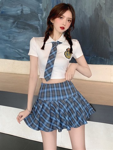 格格家 夏季網紅主播學院風領帶短款短袖襯衣+A字百褶裙套裝7928