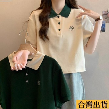 🌈台倉出庫🌈 大碼polo領正肩短袖T恤女 2025新款夏季胖mm休閒寬鬆顯瘦短款上衣