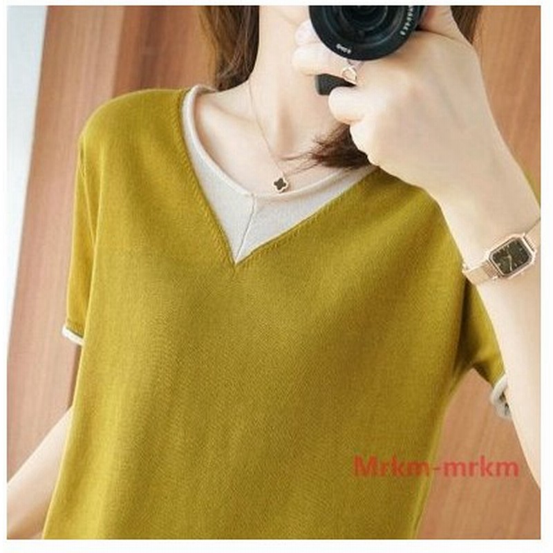 21年春夏新作 アイスシルクニット 半袖レディース Vネック ゆったりとした 薄手の半袖 Tシャツ 通販 Lineポイント最大get Lineショッピング