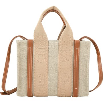 CHLOE 蔻依 Woody 小型 字母刺繡織帶亞麻帆布手提/斜背托特包(奶茶色/皮革棕色)