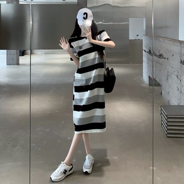夏季新款網紅條紋短袖T恤連衣裙女寬松休閑韓版顯瘦長裙子