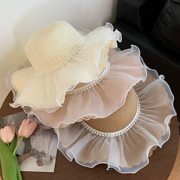 🔥臺灣發貨🔥【賣場滿150出貨】法式蕾絲蝴蝶結草帽女夏季大帽檐遮陽帽海邊沙灘度假太陽帽子WSX1A