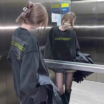TGNS 圓領衛衣 大學t 薄衛衣 oversize ins風 長袖上衣 秋冬女裝 字母印花 美式復古上衣 衛衣 衣服女