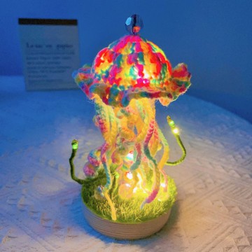 手作鉤織水母造型電池燈、編織藝術夜燈
