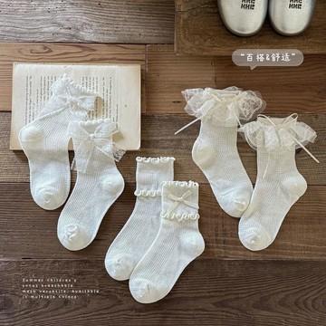 【免運喲】月下神明夏季薄款洛麗塔花邊公主蝴蝶結蕾絲女童網眼中筒襪