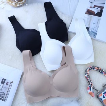 一片式無痕背心式無鋼圈文胸 舒適透氣女士內衣 深V帶插片罩杯