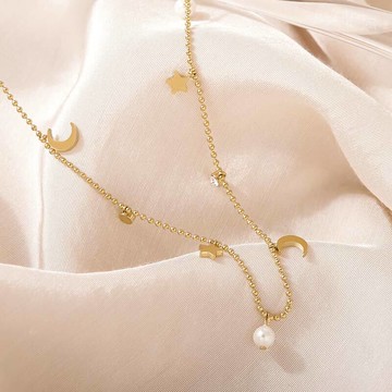 [鈦鋼] 最耀眼的夢星星月亮鋯石珍珠項鍊【KTL658】-金