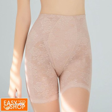 【EASY SHOP】Audrey-魔塑調整型-日本緹花蕾絲舒柔微雕長褲管束褲-奶茶粉