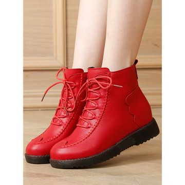 秋冬真皮紅色小短靴女平底大碼單靴中老年防滑牛筋軟底加絨二棉鞋