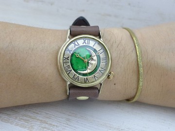 CrescentMoon4-JB 36mm 黃銅 (Brass) 新月綠錶盤 手工時鐘 (JUM38CM4)