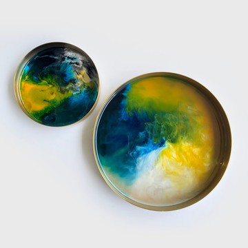 樹脂流體藝術托盤 I 黃色/藍色 I 圓形