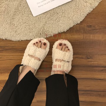 羊羔毛厚底毛毛拖鞋女一字扣帶毛拖鞋女一字拖冬外穿【不二雜貨】