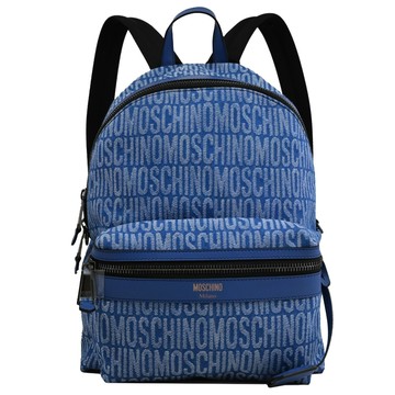MOSCHINO 燙印LOGO滿版緹花牛仔布雙肩後背包.藍