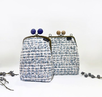 小香水藍緞帶交織 豆豆口金包 方型口金包 手拿包 手機包 肩背包