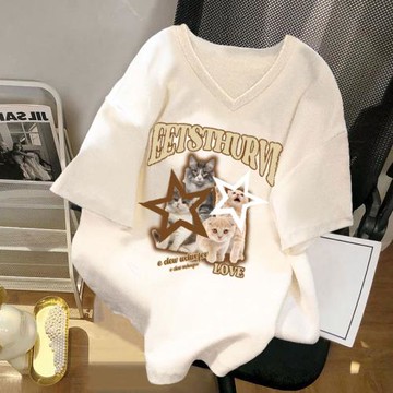 夏季女裝2023新款大碼顯瘦純棉短袖休閑v領t恤女韓版寬松上衣女潮