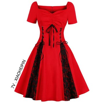 歐美加大碼女裝胖妹妹微胖顯瘦復古夏短袖收腰禮服蕾絲系帶連衣裙