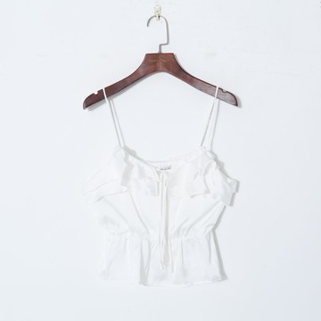 夏季女裝歐美風甜美荷葉邊領口系帶松緊收腰顯瘦短款吊帶衫