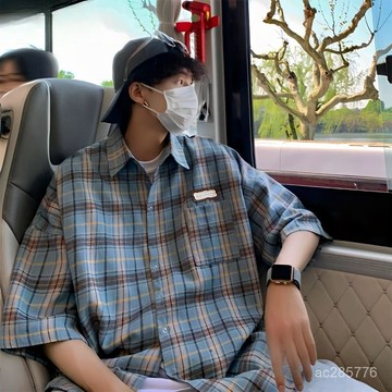 【臺灣出貨】特大碼300斤日係復古格子襯衫男女夏季休閒短袖襯衣高街潮牌外套