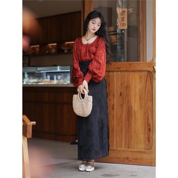 晴山木語原創漢服【如夢令】雞心領泡泡袖二片裙通勤國風漢元素