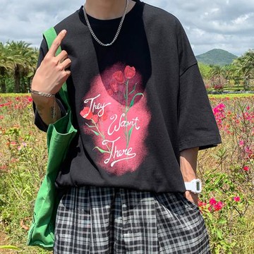 玫瑰印花t恤男美式短袖設計感小眾情侶上衣夏季潮牌復古半袖體恤