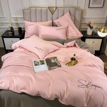 北歐簡約四件套純色刺繡床上被套床單床笠水洗棉素色學生宿舍裸睡