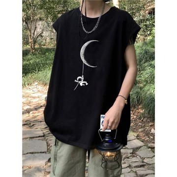 背心男夏季新款青少年大碼寬松無袖t恤美式復古潮流休閑運動坎肩