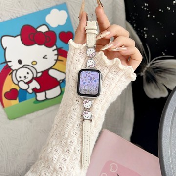 可愛腕帶 適用於 Apple watch 12 11 10 9 双KT貓拼针扣皮錶帶 蘋果42 44 45 46mm