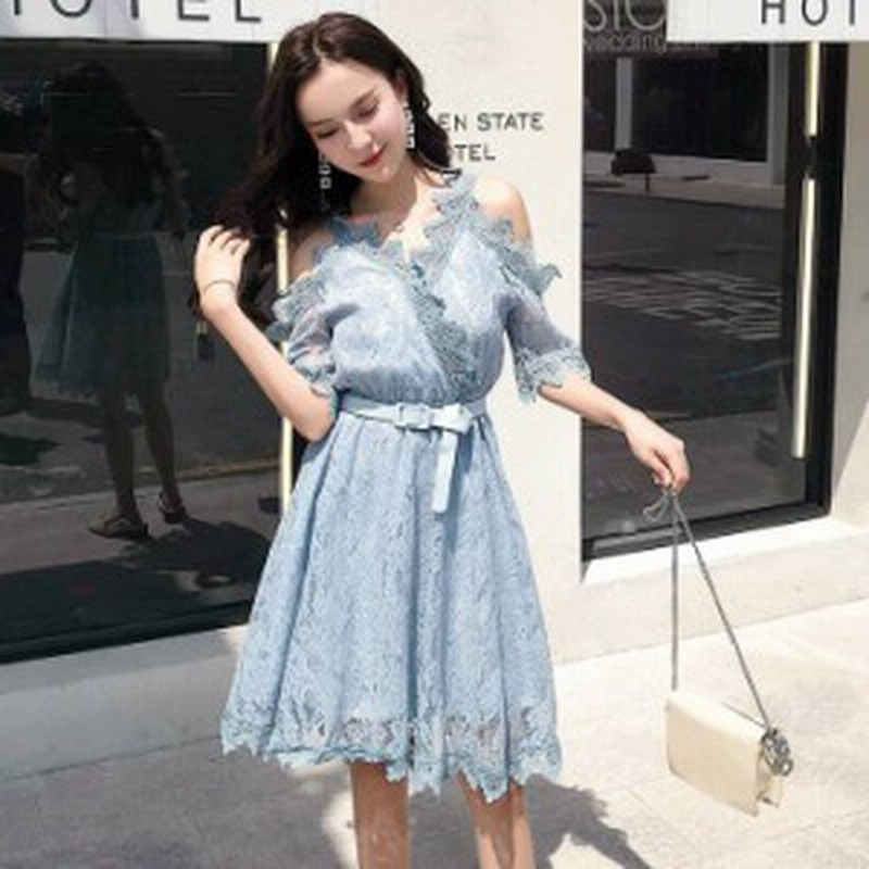 大人可愛い ドレスワンピース S L 水色 ピンク 五分袖 袖あり レース フリル 切り替え スリム 着痩せ 無地 Sweet系 膝丈 肩開き 通販 Lineポイント最大1 0 Get Lineショッピング