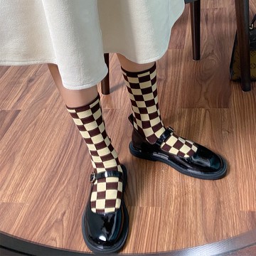 女襪 棋盤黑白格子襪女 ins潮 日系 復古 港風 中幫襪 jk學院風  百搭街頭長襪