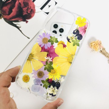 手作天然黃粉白押花手機殼適用於iPhone 16 Pro Max Samsung S25