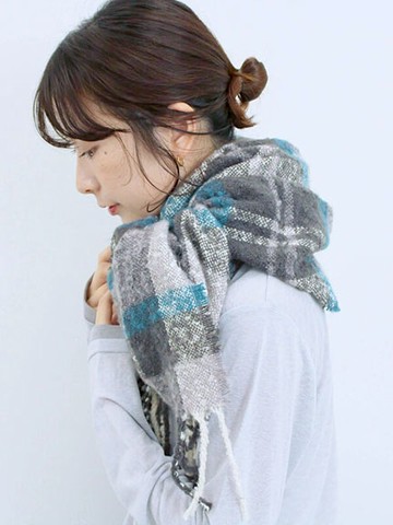 經典格紋流蘇造型柔暖圍巾(0F001319710) - Samansa Mos2 blue