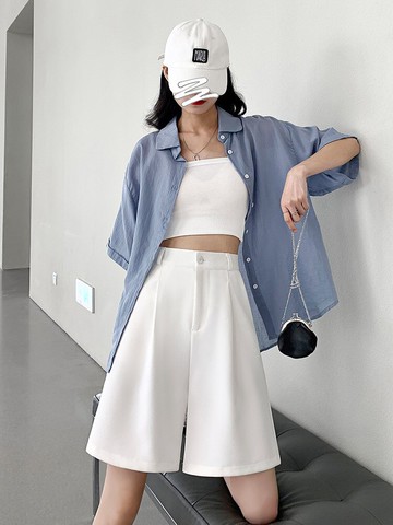 白色西裝短褲女夏季薄款高腰寬松闊腿中褲直筒港味休閑五分褲垂感