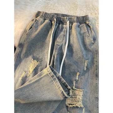 復古破洞牛仔褲男款春夏季美式潮牌乞丐褲松緊腰寬松九分直筒褲子