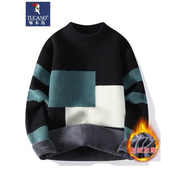 啄木鳥毛衣男冬季加絨加厚保暖針織衫男士圓領一體絨打底羊毛線衣