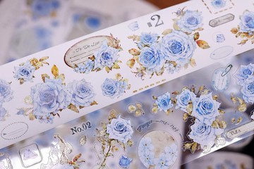 清露  輕復古藍色玫瑰花卉和紙PET模切手帳膠帶