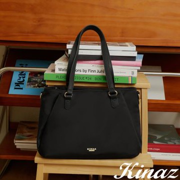 KINAZ 大容量多袋輕量防潑水尼龍肩背斜背托特包-晨靜暮黑-輕褶系列