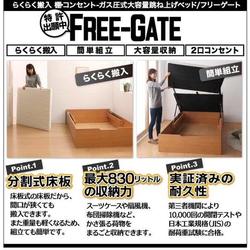 お客様組立 搬入楽々棚コンセント跳ね上げベッド Free-Gate フリー