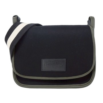 [平輸版]LONGCHAMP LE FOULONNÉ系列氈製羊毛寬背帶翻蓋斜背包(中/黑)真品平輸